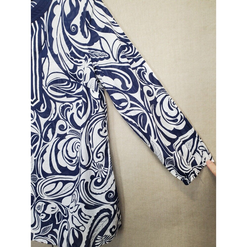 Talbots Cotton Blue Scroll Print Split Neck Light… - image 2